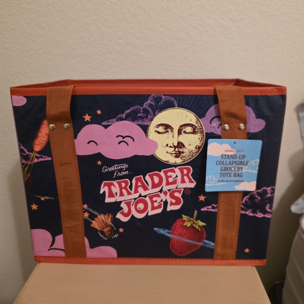 Trader Joe's Navy Tote with Pink Moon & Strawberry Graphic